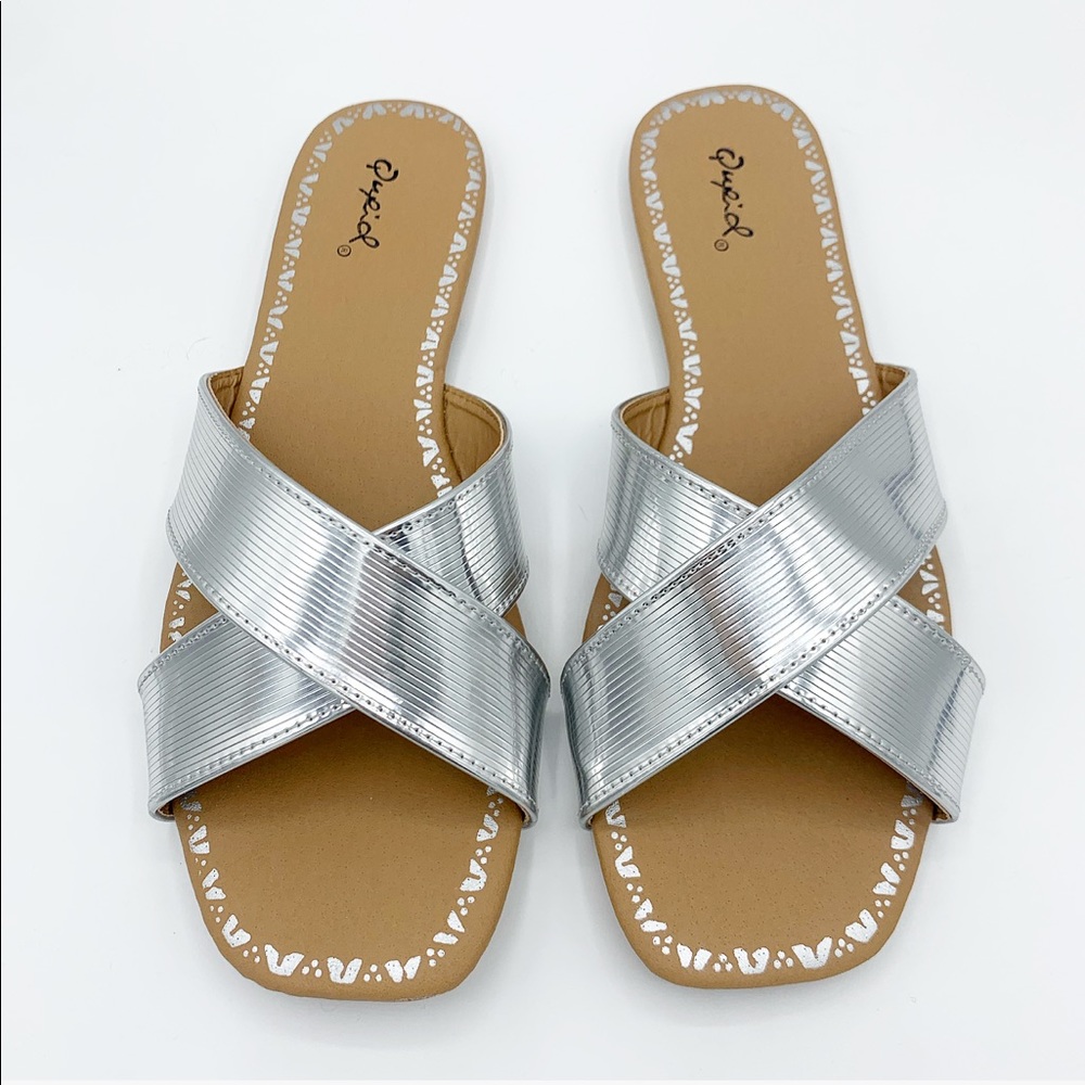 Silver Metallic Criss Cross X Slide Sandals Flat Slip On Summer Shoes